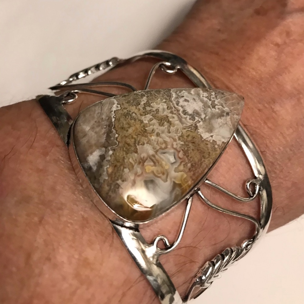 Mexican Laguna Lace Agate Stamped Solid 925 Sterling Silver Cuff Bracelet